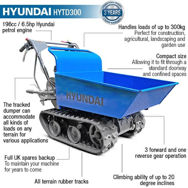 Hyundai HYTD300 196cc Petrol Payload Tracked Mini Dumper Power Barrow Transporter