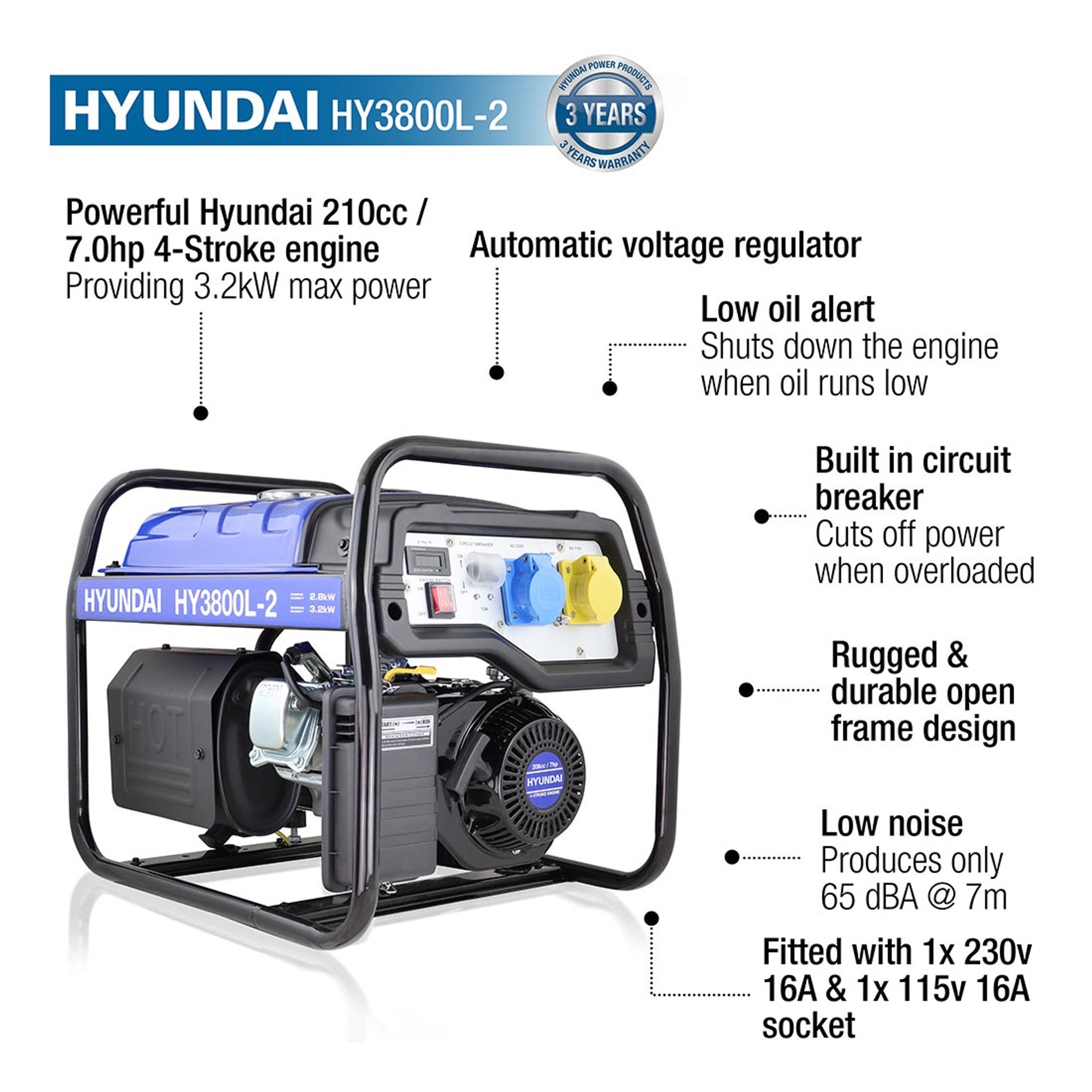 Hyundai Petrol Generator 3.2kW / 4kVa HY3800L-2