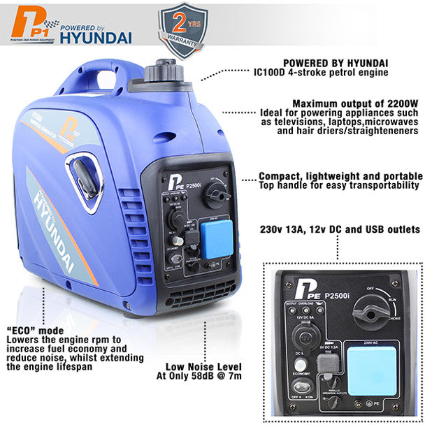 P1 Hyundai Powered P2500i Portable Petrol Inverter Generator 230V/2200W