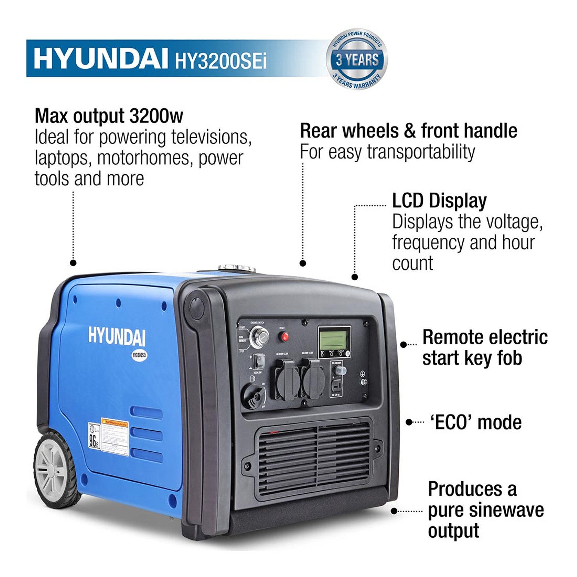 Hyundai Portable Inverter Generator 3200W HY3200SEi