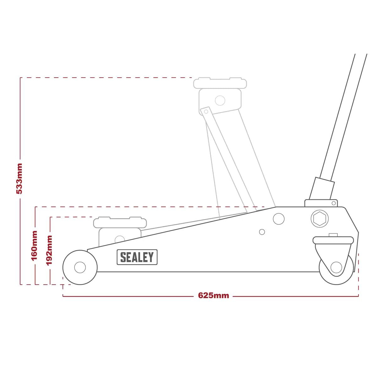 Sealey 1153SUV Long Chassis High Lift SUV Trolley Jack 3 Tonne Car Van Garage