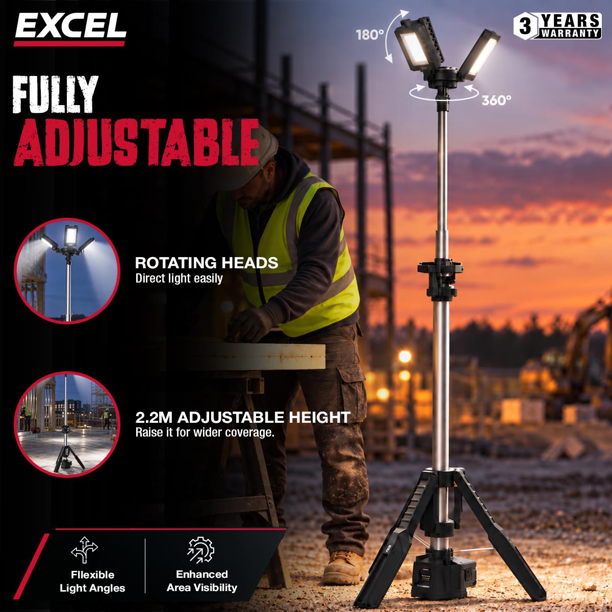 Excel 18V/240V 8100 Lumens Hybrid Tripod LED Flood Light with Carry Bag