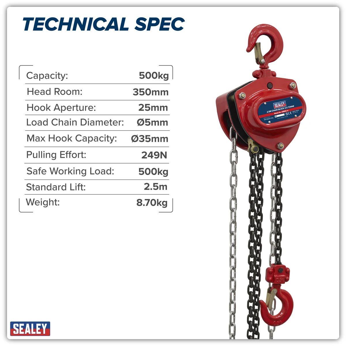Sealey CB500 Chain Block 0.5 Tonne 2.5m Drop