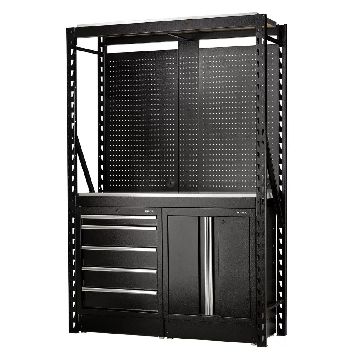 Draper MS400-C1 15PC S Bunker Modular Storage Combo 2 Tier Racking with Stainless Steel Shelving, Pegboards & Floor Cabinets 1500mm 27972