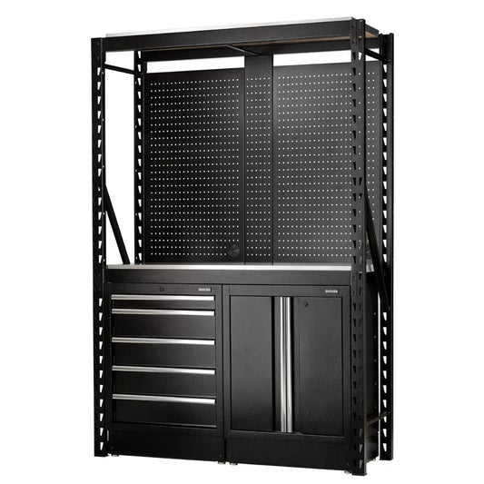 Draper MS400-C1 15PC S Bunker Modular Storage Combo 2 Tier Racking with Stainless Steel Shelving, Pegboards & Floor Cabinets 1500mm 27972