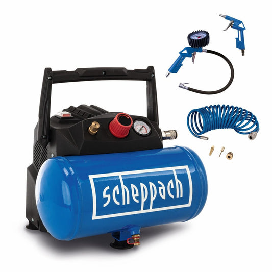 Scheppach HC06 1.5hp 6 Litre Oil Free Low Noise Portable Air Compressor 8 Bar Pressure 240V/1200W