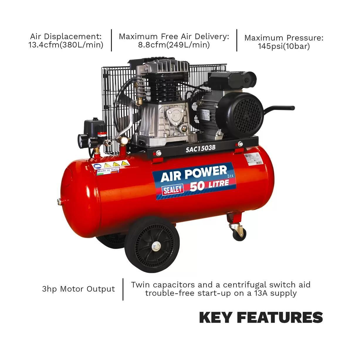 Sealey SAC1503B 50L Belt Drive Air Compressor with Cast Cylinders & Wheels 230V/13A