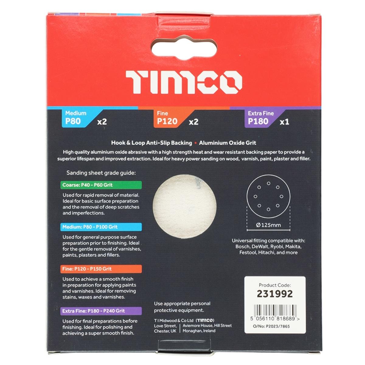Timco 125mm Random Orbital Sanding Discs 80/120/180 Grit Mixed Pack of 5 - 231992