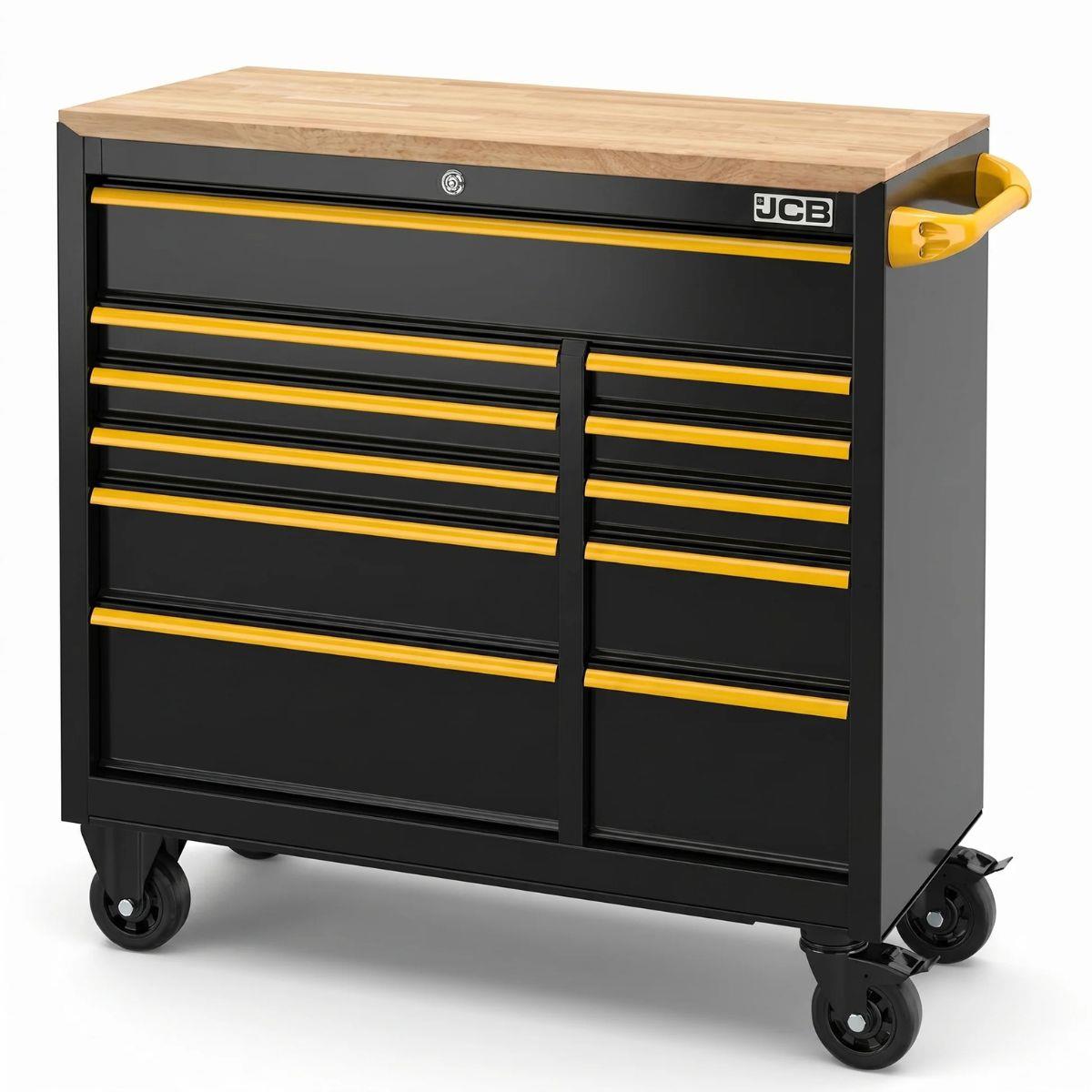 JCB JCBRCBB Classic Design 42 Inch Roller Tool Cabinet, 11 Drawers, Steel with Hardwood Worktop