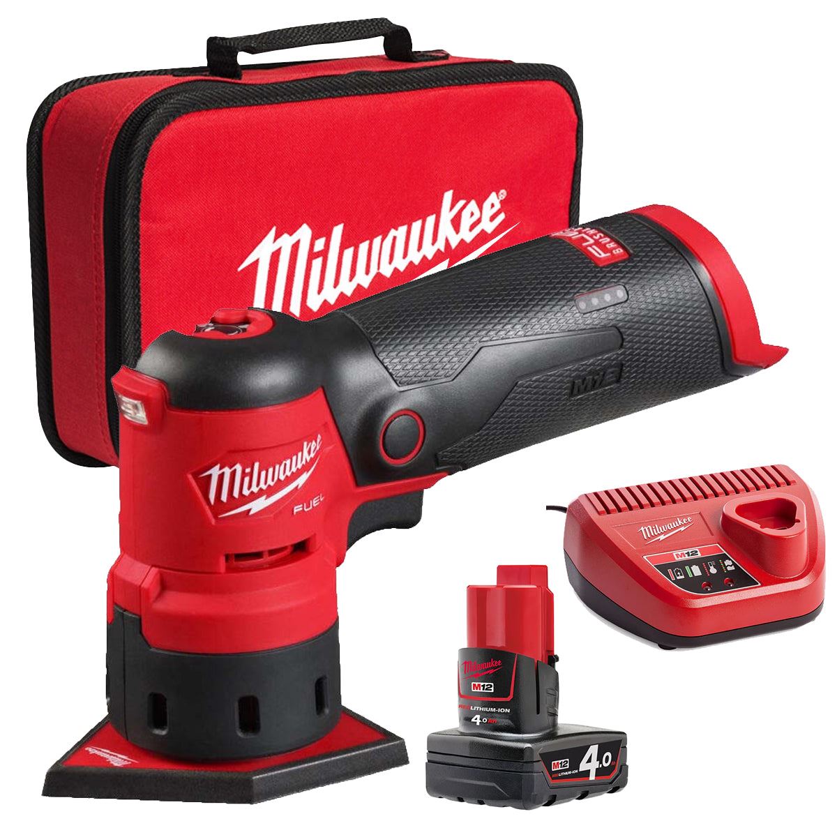 Milwaukee M12FDSS-0B 12V Brushless Spot Sander with 1 x 4.0Ah Battery Charger & Bag