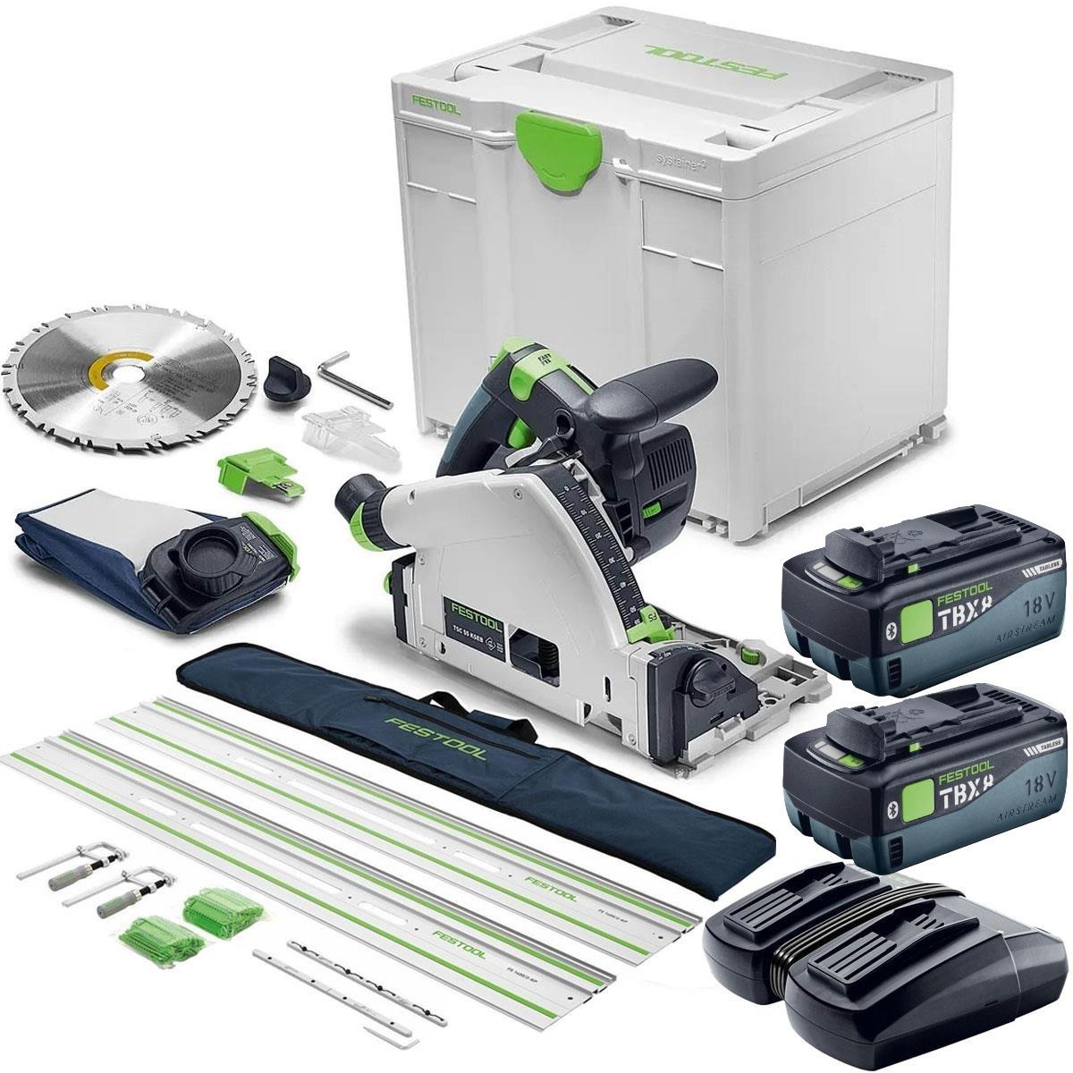 Festool TSC 55 KSEB-Basic 18V Brushless 160mm Plunge Cut Saw 577988 with 2 x 8.0Ah Battery & Guide Rail Kit Set