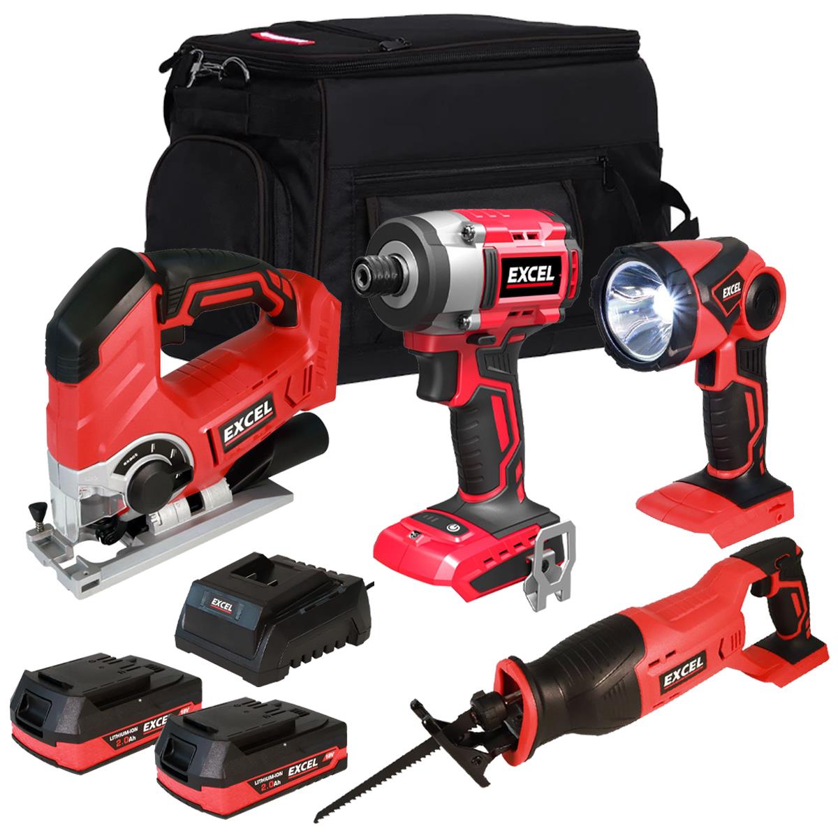 Excel 18V Cordless 4 Piece Tool Kit with 2 x 2.0Ah Batteries & Charger in Bag