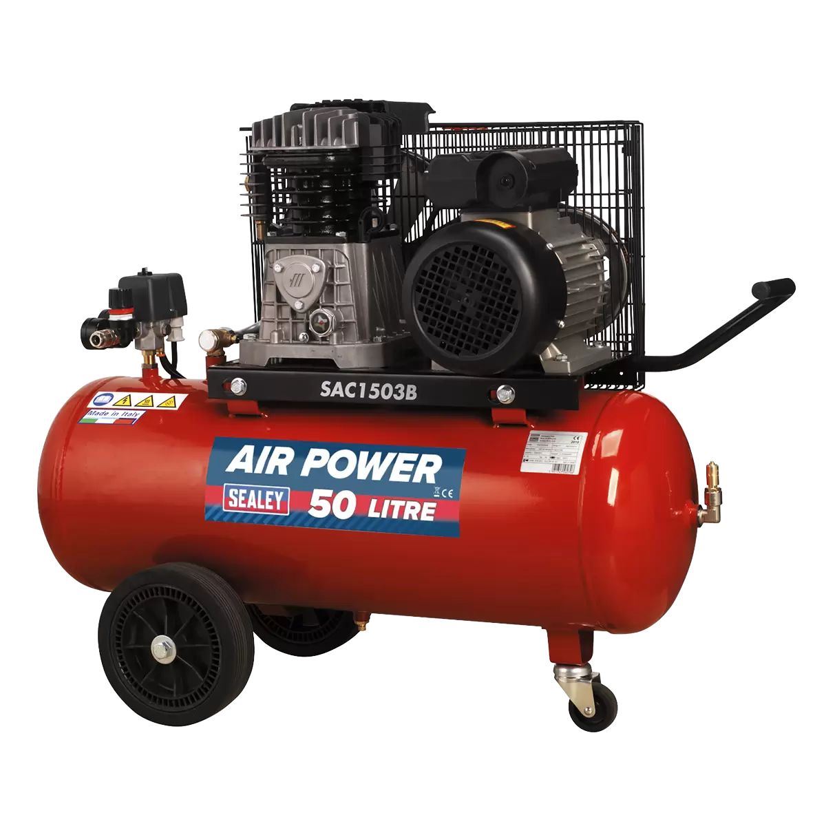 Sealey SAC1503B 50L Belt Drive Air Compressor with Cast Cylinders & Wheels 230V/13A