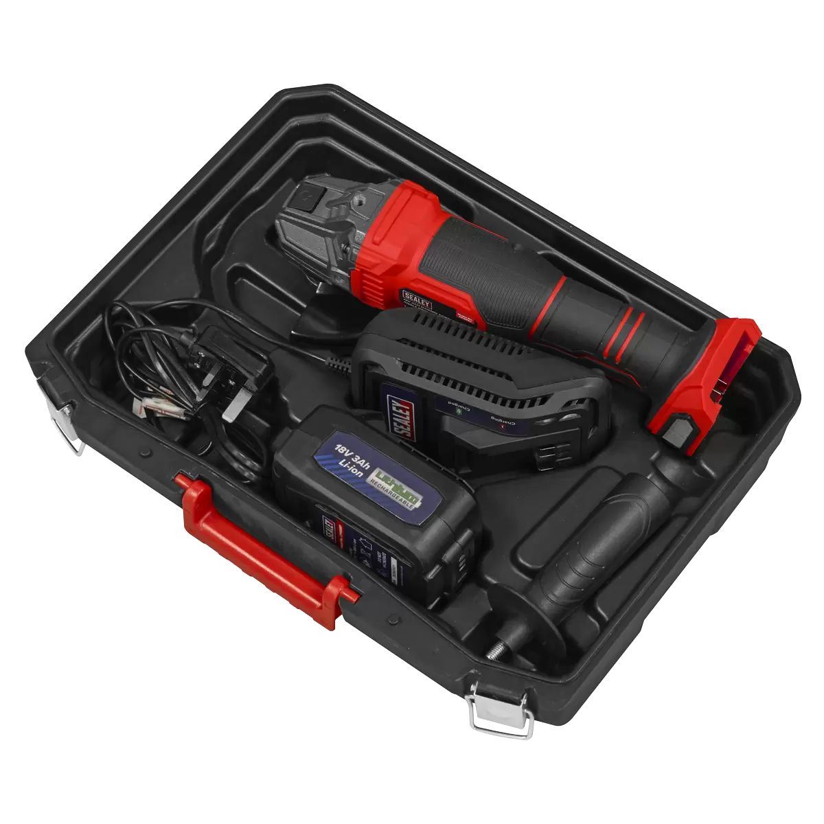 Sealey CP401LI 18V Angle Grinder 115mm 1 x 3Ah lithium-ion battery & 2.4A mains charger in a storage case