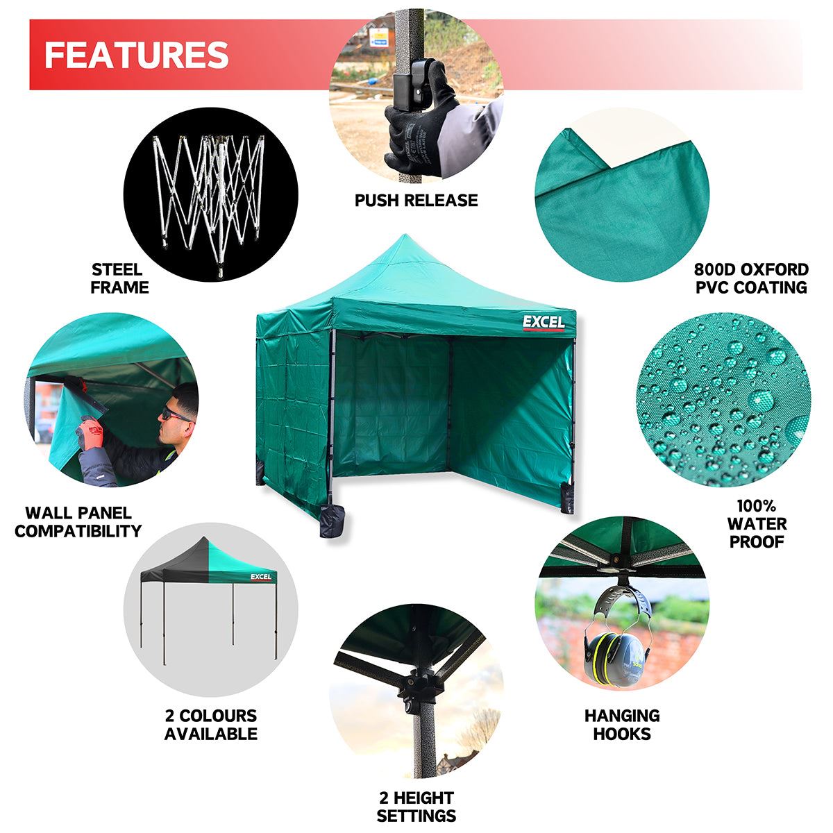 Excel Steel Gazebo 3m x 3m Green with Wheel Bag, Wall panel, Sand Bag