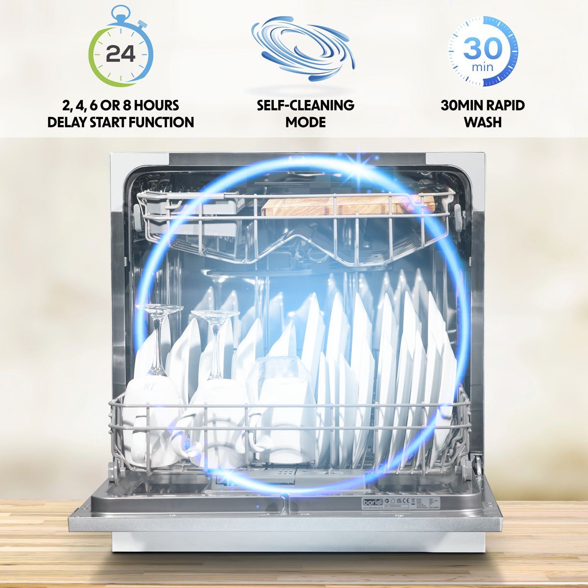 Sealey DH86 Baridi Tabletop Dishwasher 6 Place Settings 8L Capacity White 230V