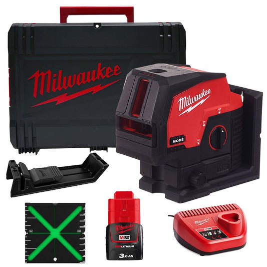 Milwaukee M12CLLP-0 12V Green Cross Line 2 Plane Laser 360° with 1 x 3.0Ah Battery Charger & Case
