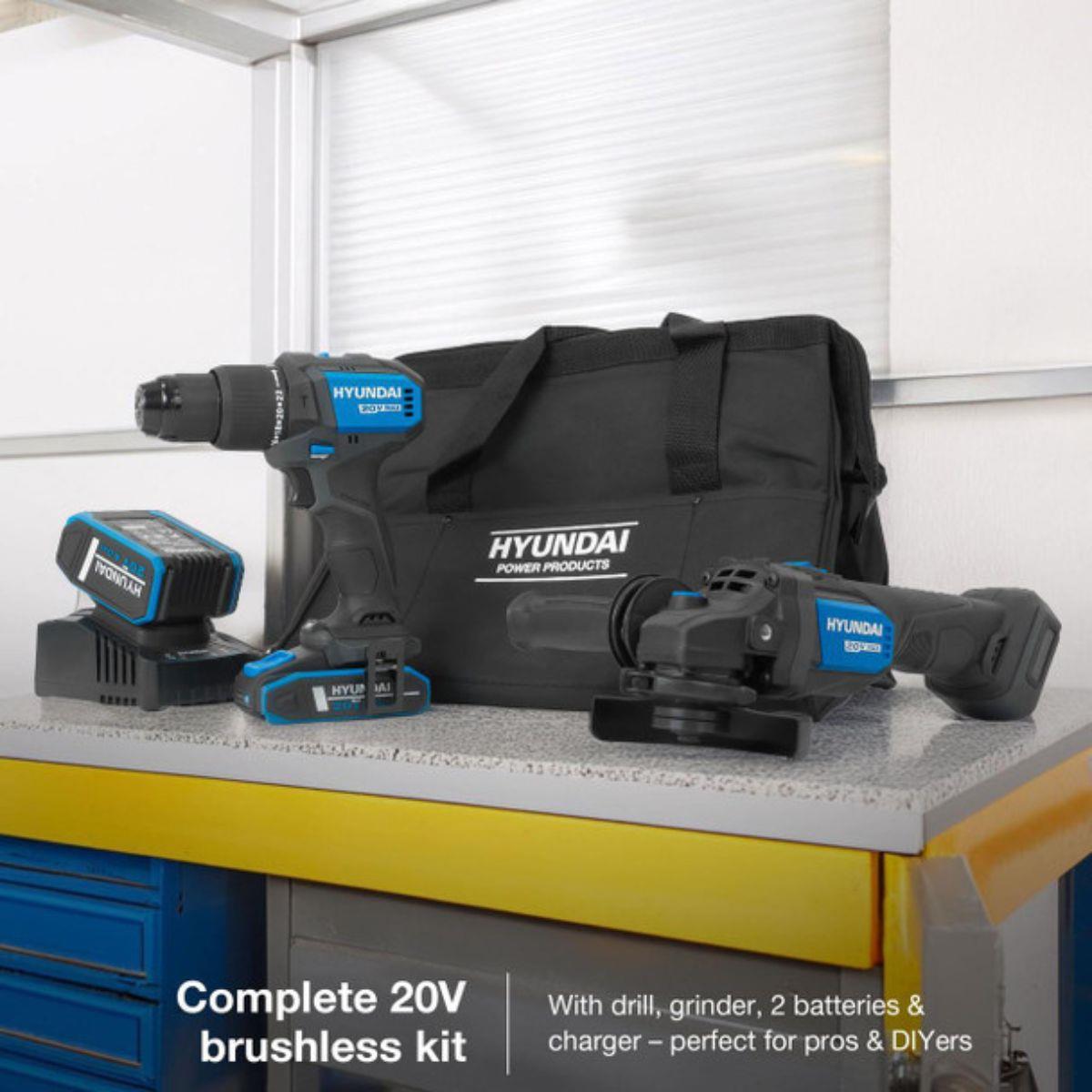 Hyundai S02-FTB 20V Hammer Drill and Angle Grinder 115mm Brushless Kit 2.0Ah/4.0Ah Li-ion Battery & 2A Charger