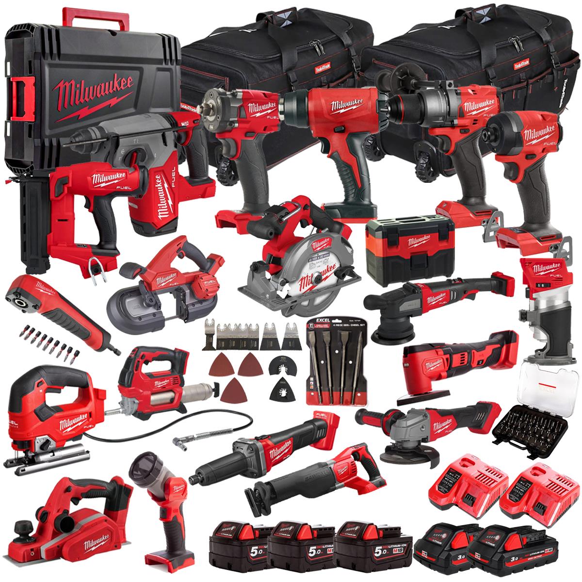 Milwaukee 18V 19 Piece Combo Kit with 5 x Batteries & Charger & Accessory Set M18T4TKIT-4601