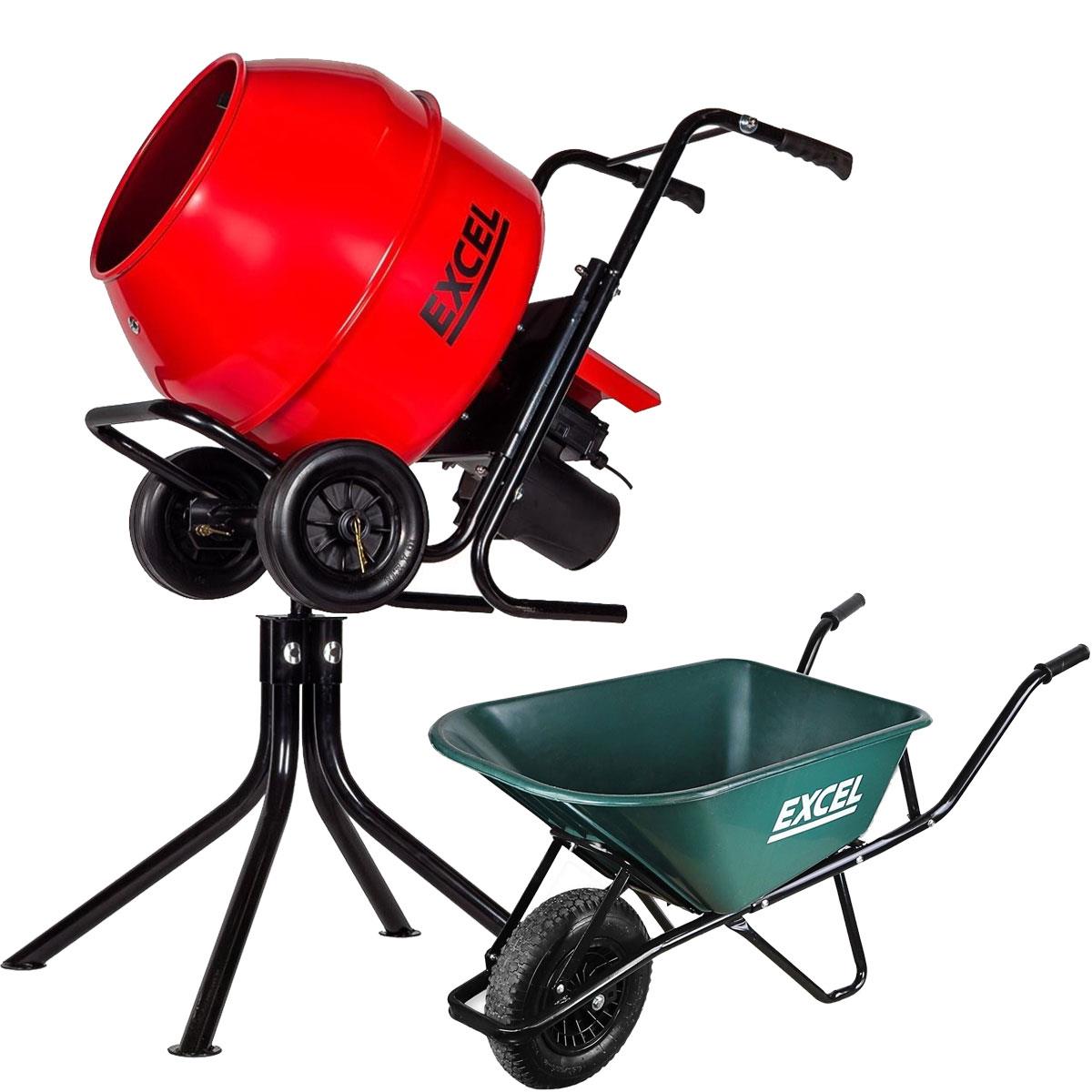 Excel 134L Portable Cement Mixer 240V/370W with Wheels & 100L Wheelbarrow Green HDPE Tray