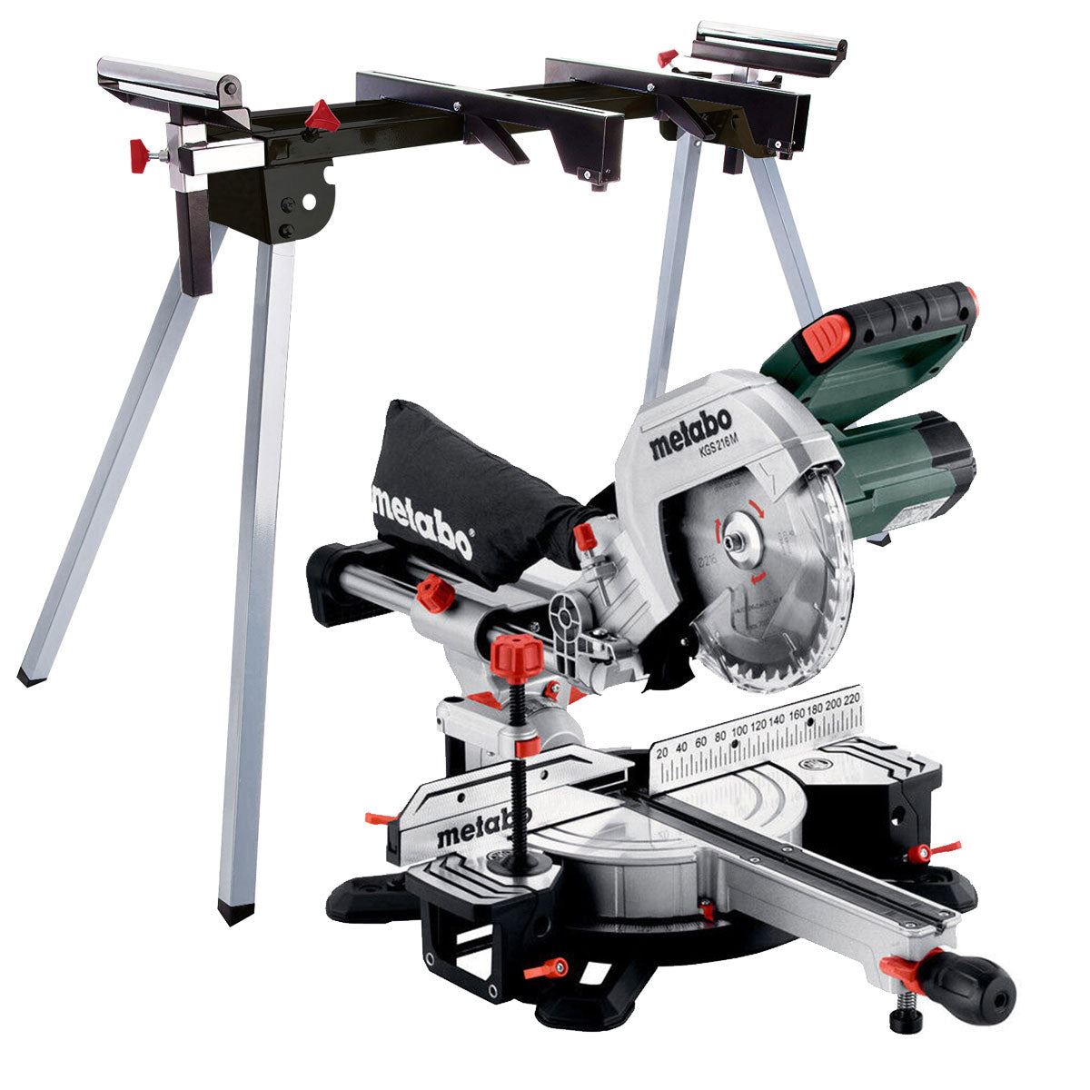 Metabo KGS 216mm Single Bevel Sliding Mitre Saw 240V with Universal Leg Stand