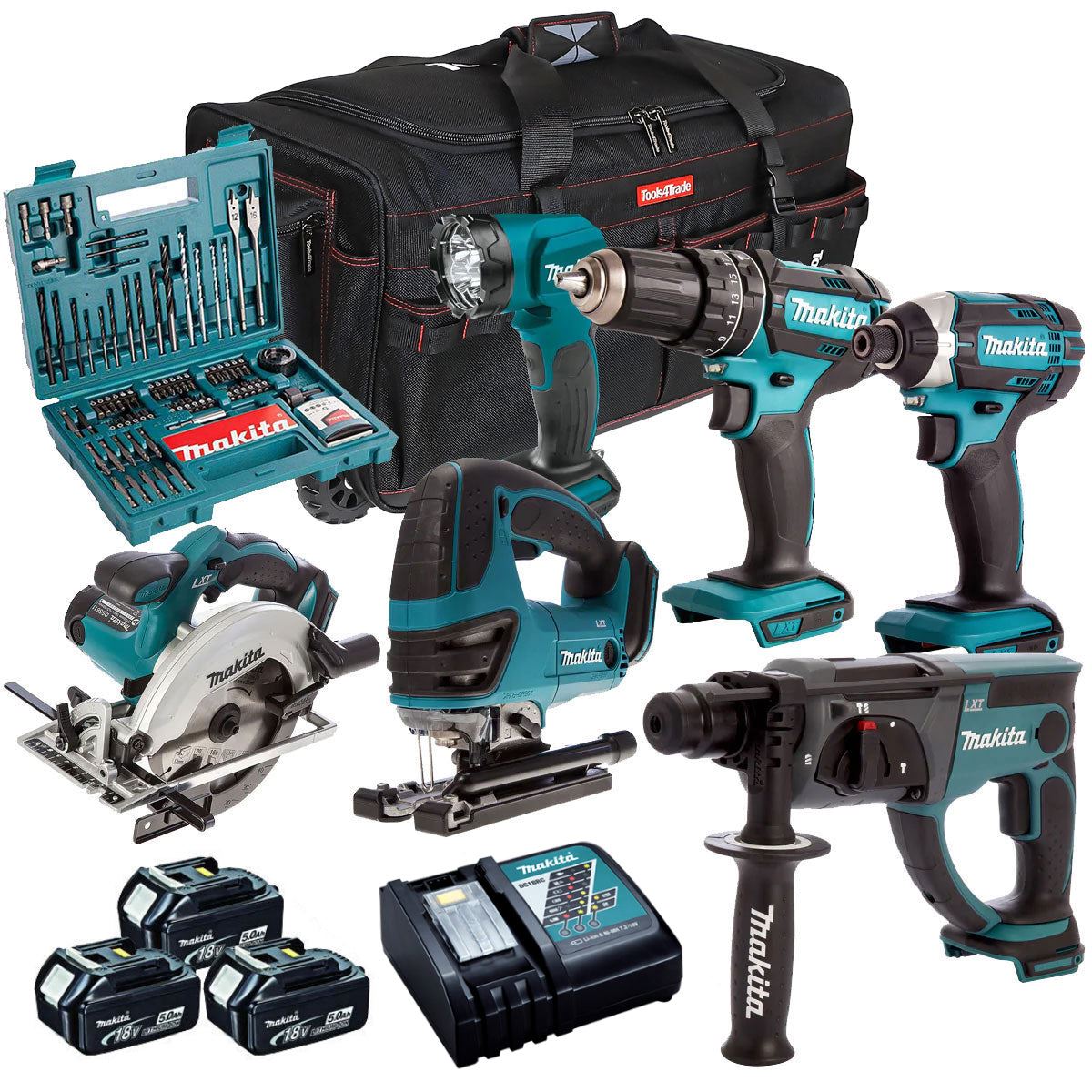 Makita 18V 6 Piece Cordless Kit with 3 x 5.0Ah Batteries & 100 Piece Bit Set T4TKIT-49