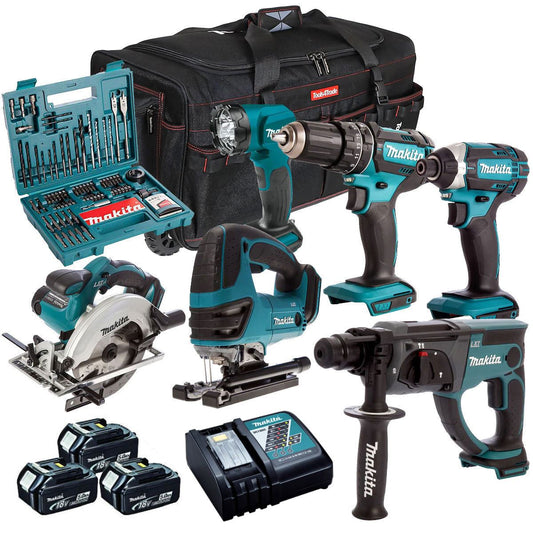 Makita 18V 6 Piece Cordless Kit with 3 x 5.0Ah Batteries & 100 Piece Bit Set T4TKIT-49