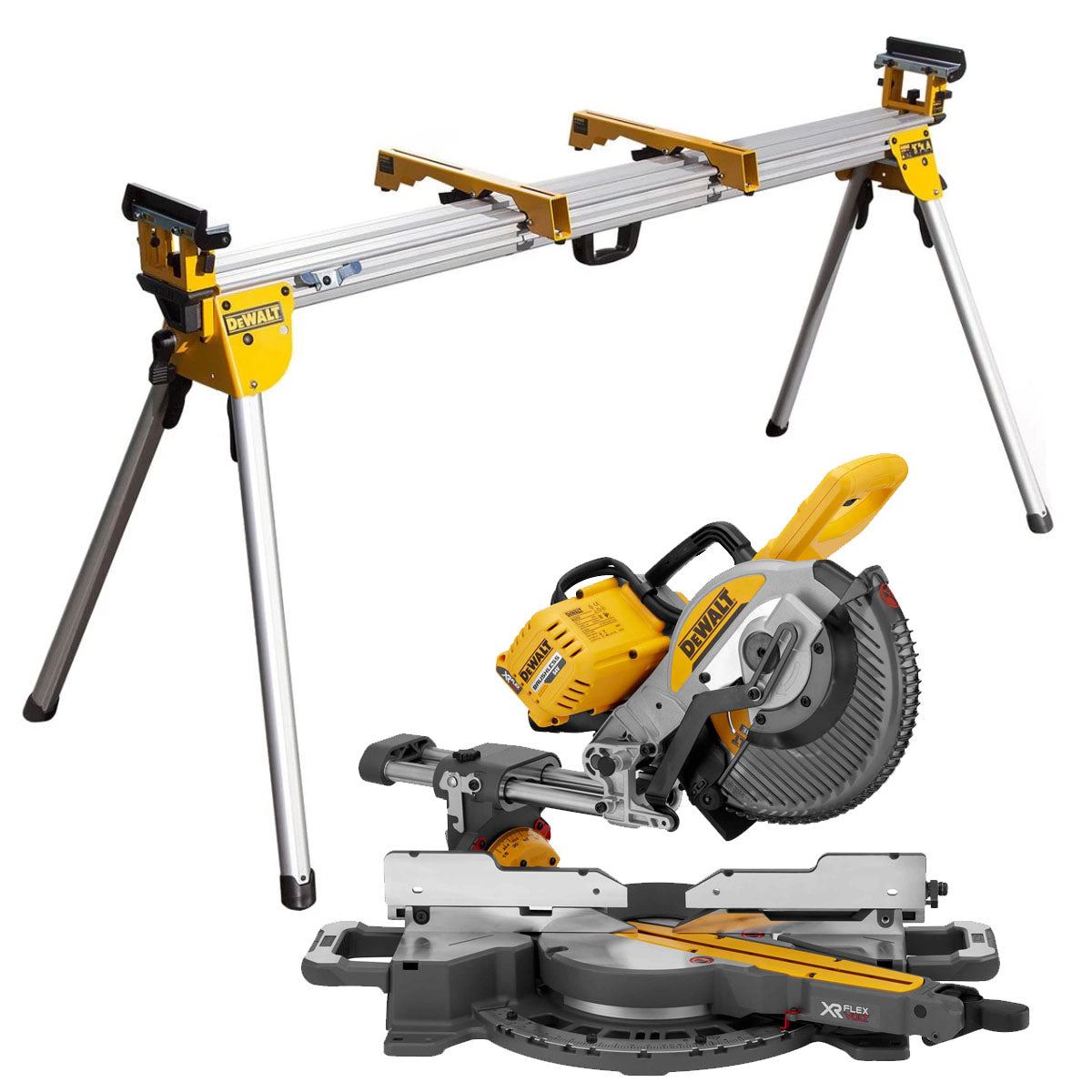 Dewalt DCS727N 54V XR FlexVolt Brushless Slide Mitre Saw with Universal Leg Stand