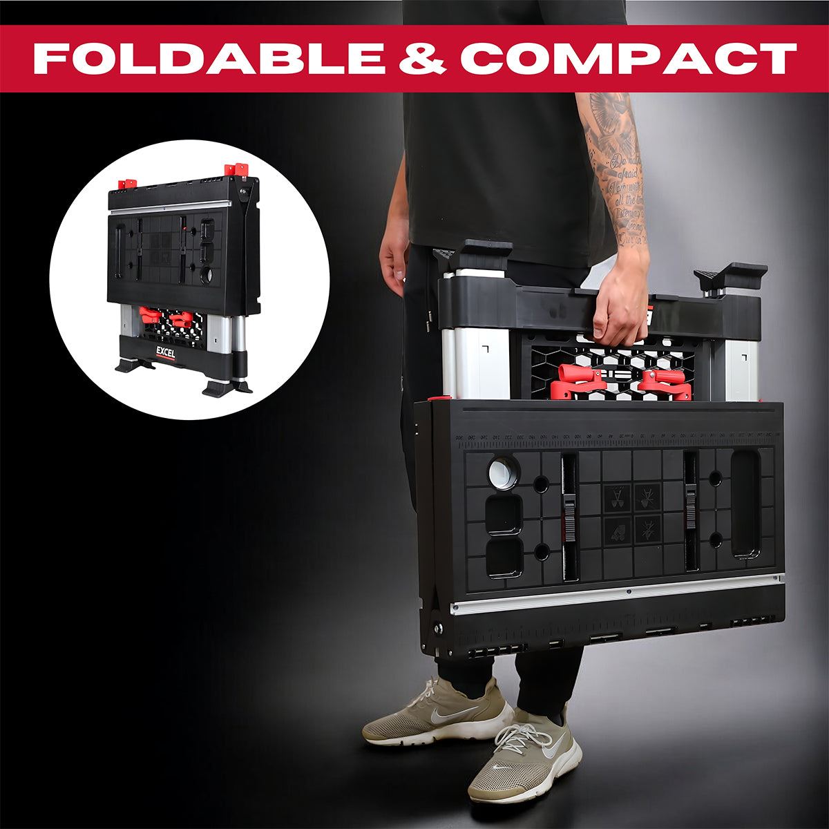 Excel Portable Workbench & Sawhorse Adjustable Height Folding Work Table with Flip-Top Clamping System