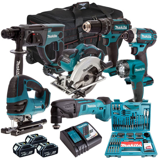 Makita 18V 7 Piece Power Tool Kit with 3 x 5.0Ah Battery Charger Bag & 100 Piece Bit Set T4TKIT-610