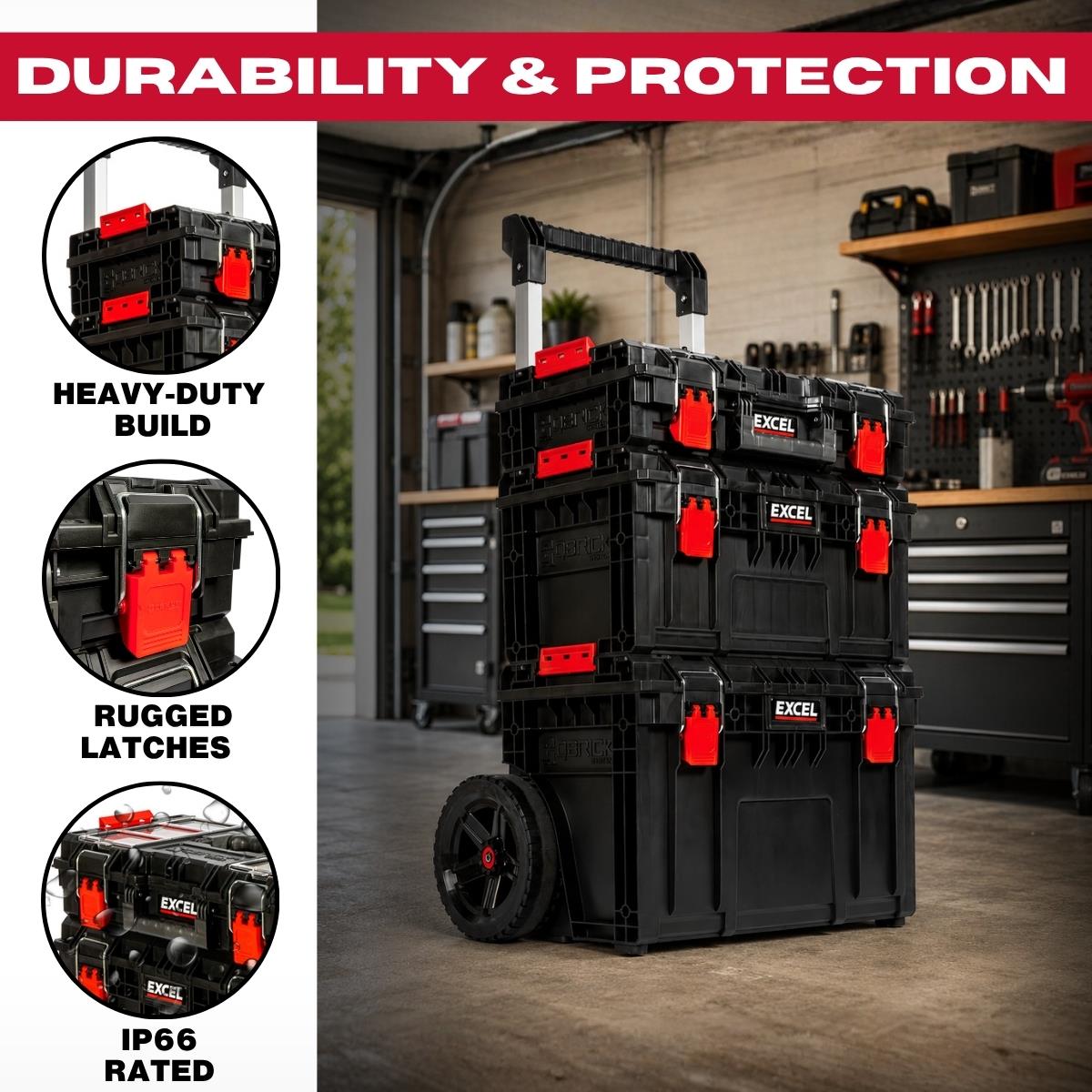 Excel Modular Tool Box Heavy Duty Mobile Storage 3 Piece Set with Wheels