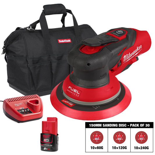 Milwaukee M12FROS5-0 12V FUEL Brushless 150mm Random Orbit Sander with Sanding Disc 60G, 120G, 240G Pack of 30 & 1 x 2.0Ah Battery, Charger & Bag