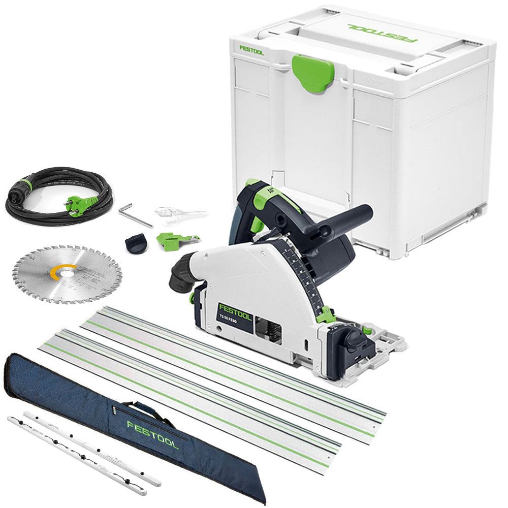 Festool TS 55 FEQ-Plus 110V GB 160mm Circular Plunge Cut Saw - 576707 With 2 x Guide Rail, Connector & Guide Rail Bag
