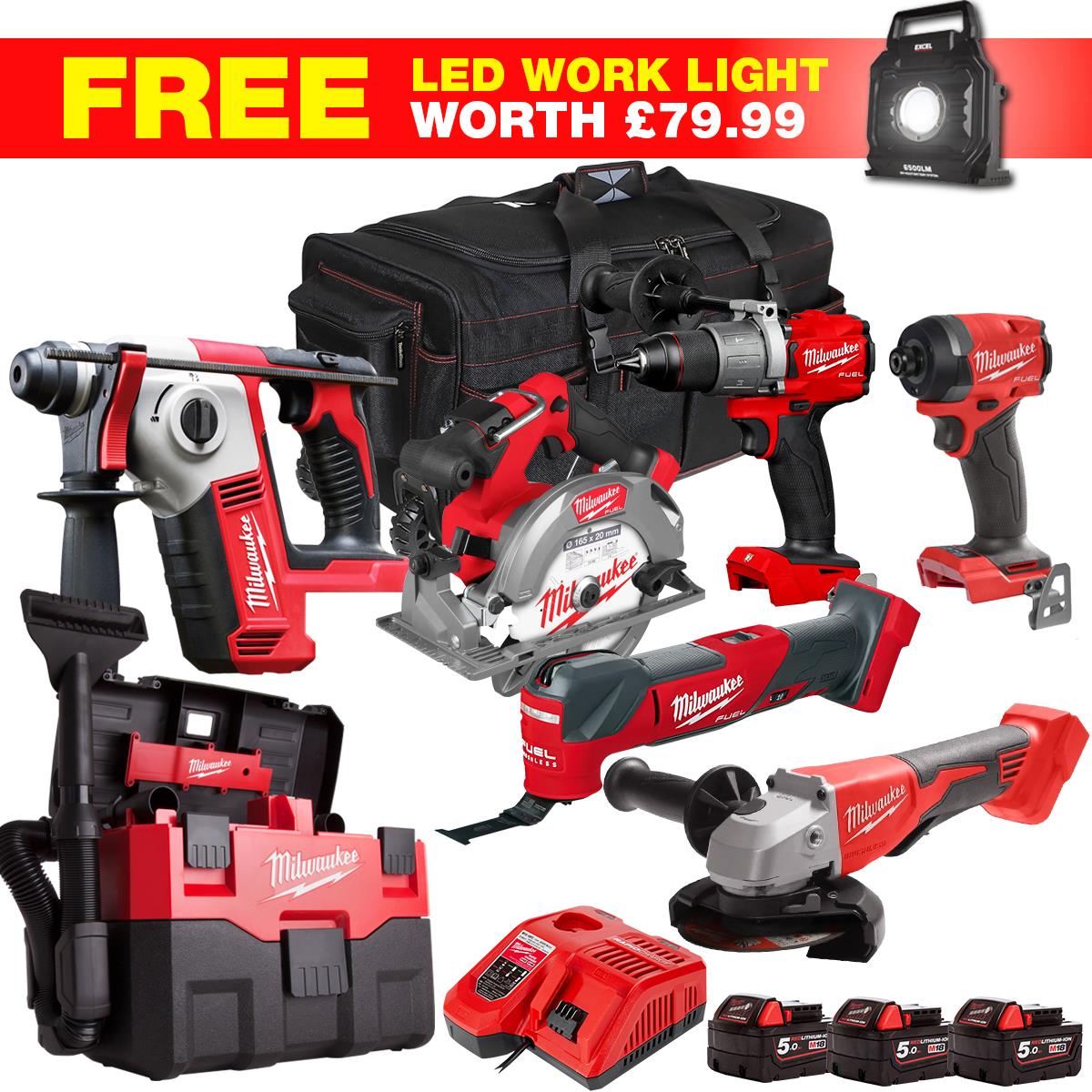 Milwaukee M18FPP6L3-503BWLF4 18V 8 Piece Power Tool Kit with 3 x 5.0Ah Batteries Charger & Wheeled Bag