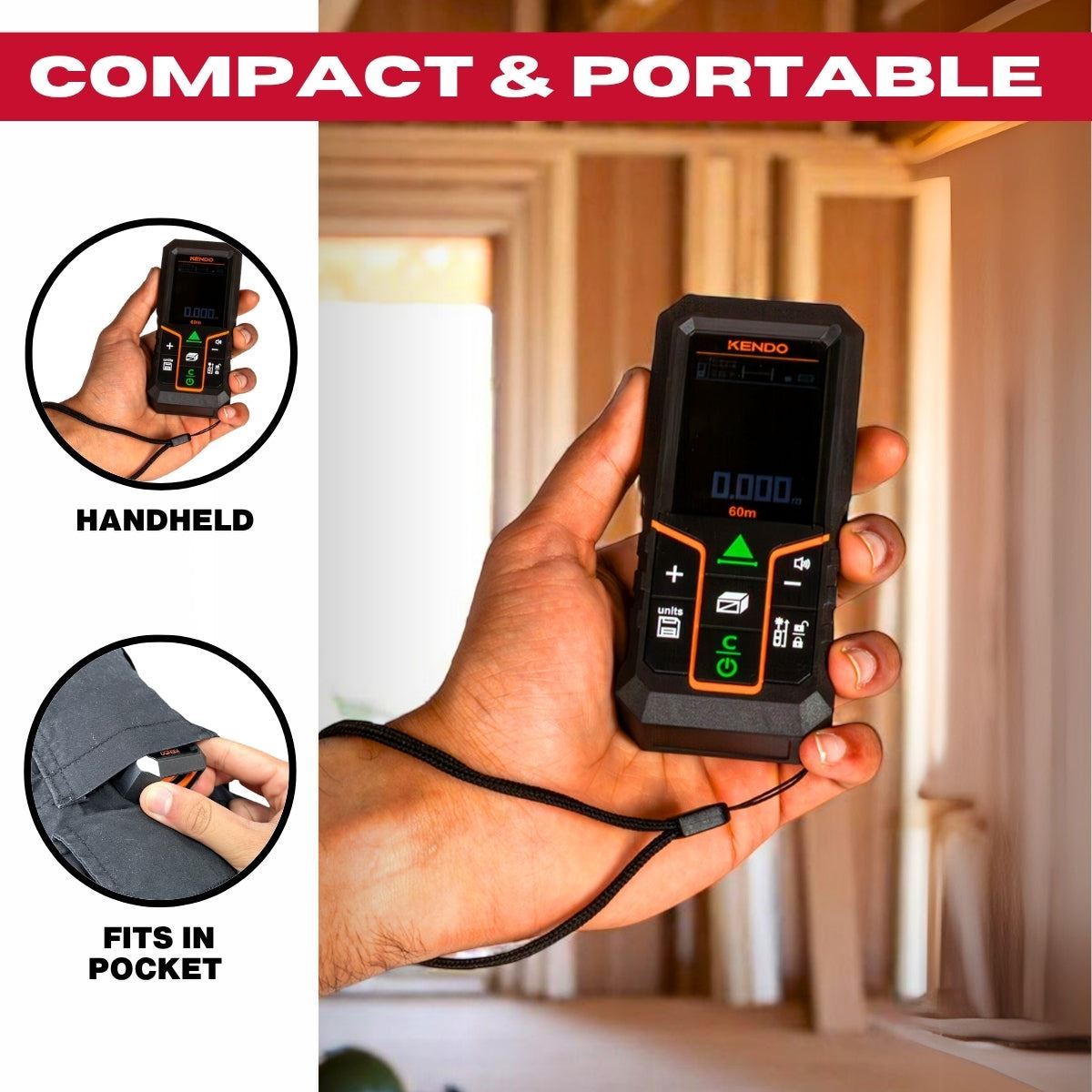 Kendo 60m Laser Distance Meter with Rechargeable Battery & LCD Display