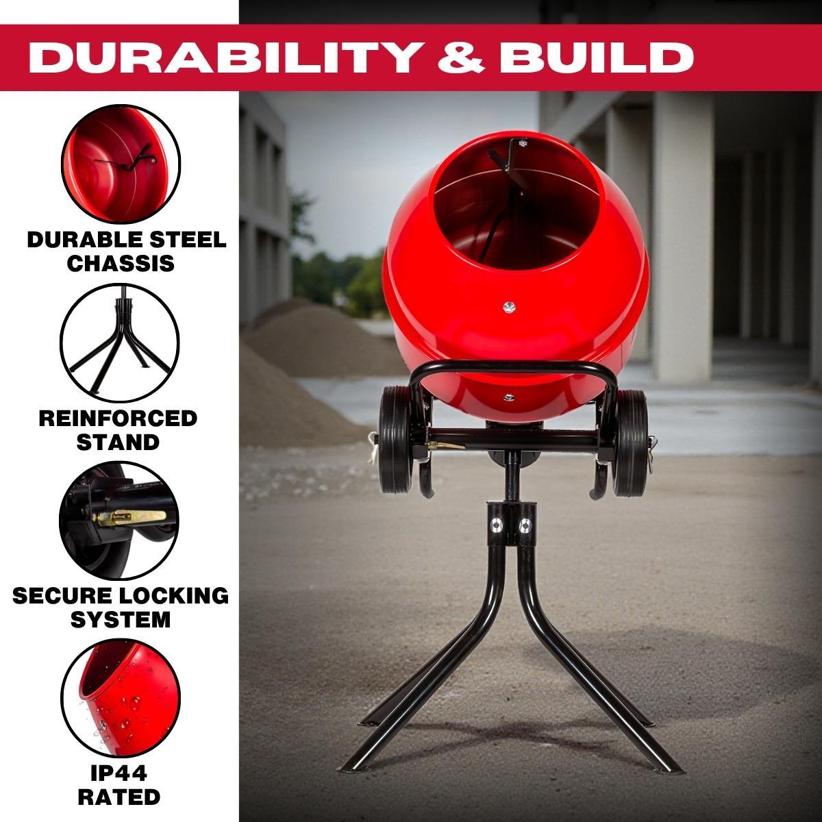 Excel 134L Portable Cement Mixer 240V/370W with Wheels & 100L Wheelbarrow Chrome Plated Frame