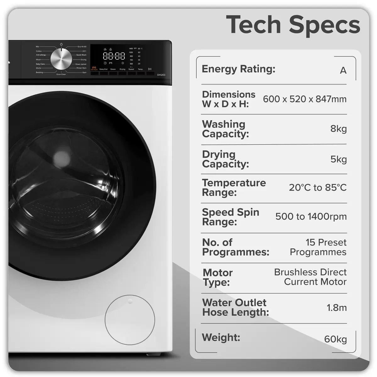 Sealey DH263 Baridi 8/5kg Washer Dryer, Front Loading 1400rpm White 240V