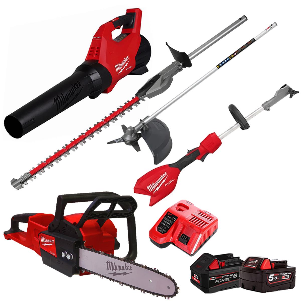 Milwaukee M18 18V 3 Piece Gardening Tool Kit with Hedge Trimmer & Brush Cutter Attachment 2 x Batteries & Charger T4TKIT-29513