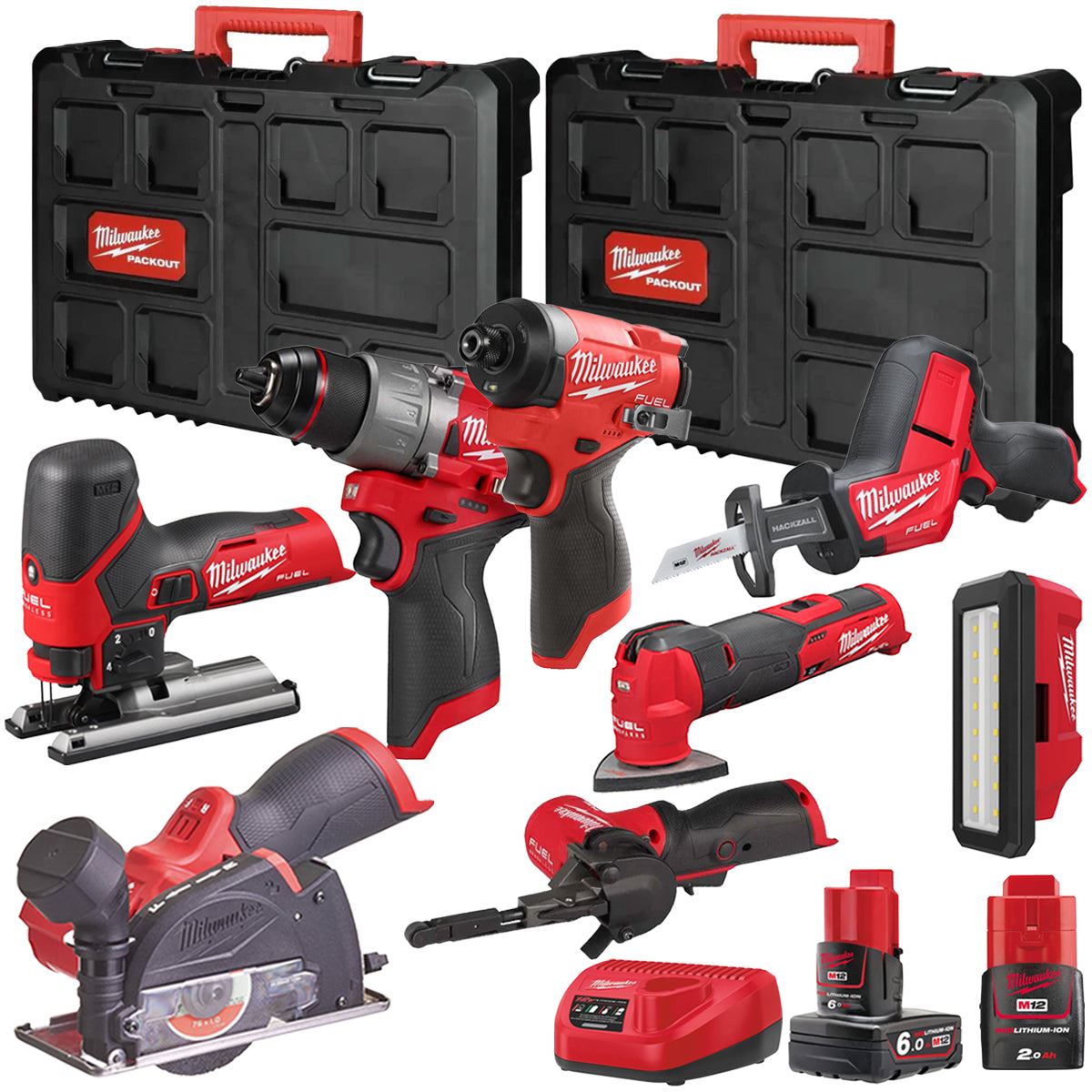 Milwaukee M12FPP7B2-637P 12V Fuel 8 Piece Powerpack Tool Kit with 1 x 6.0Ah & 2.0Ah Batteries, Charger & Case