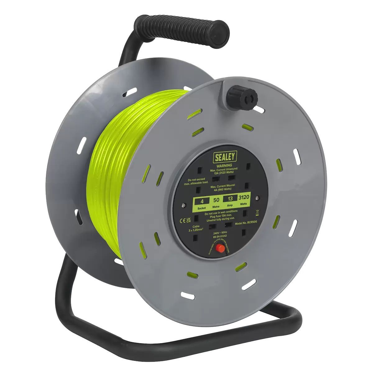 Sealey BCR50G 50m Cable Reel with Thermal Trip 4 x 230V