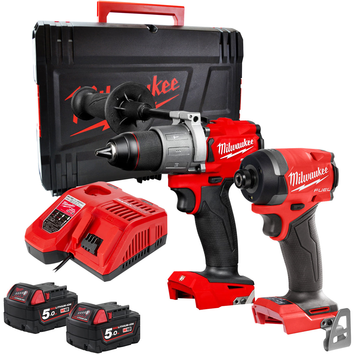Milwaukee M18 FPP2A3-502X 18V Fuel Combi Drill + Impact Driver with 2 x 5.0Ah Battery Charger & Case 4933480876