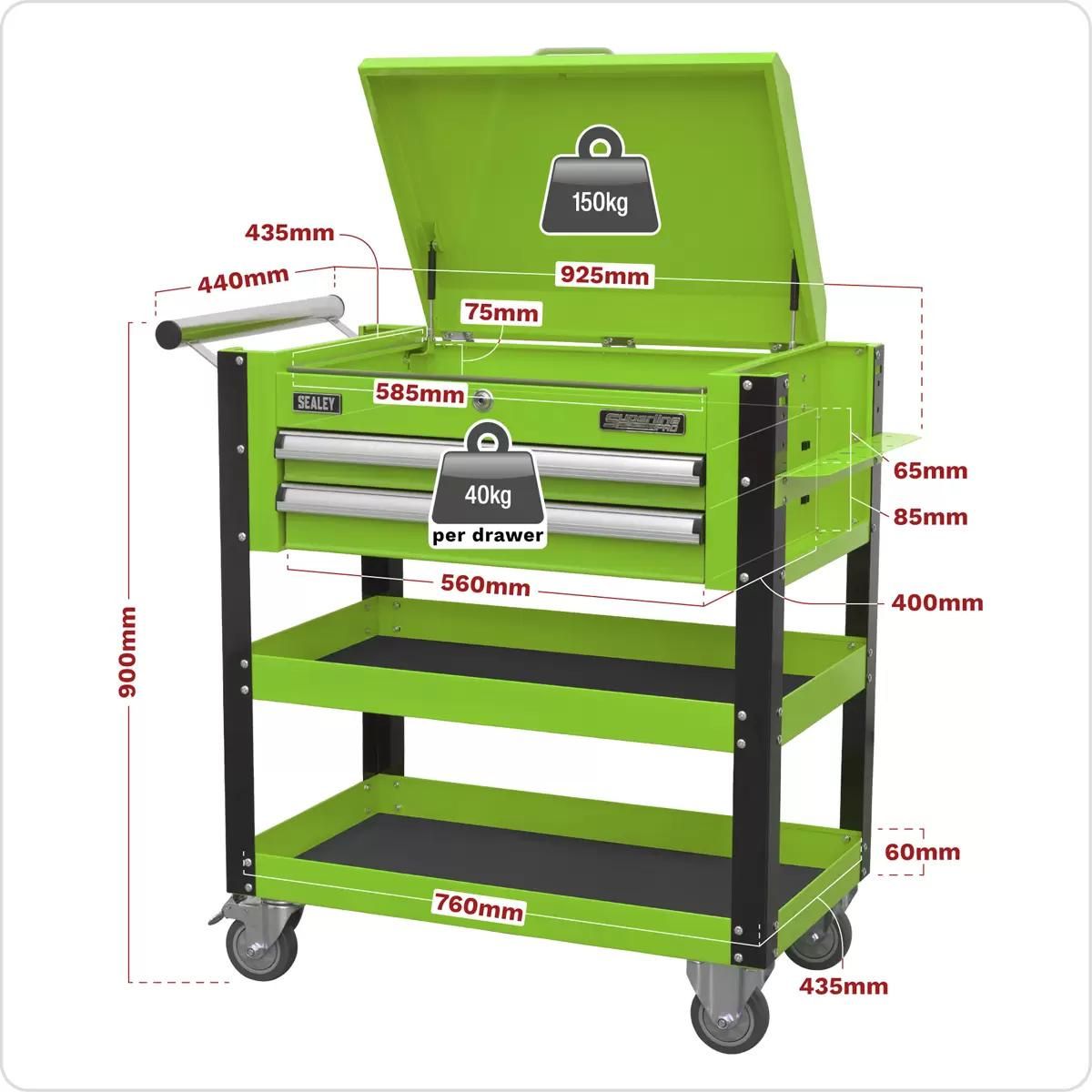 Sealey AP760MHV Heavy-Duty Mobile Tool & Parts Trolley 2 Drawers & Lockable Top Green