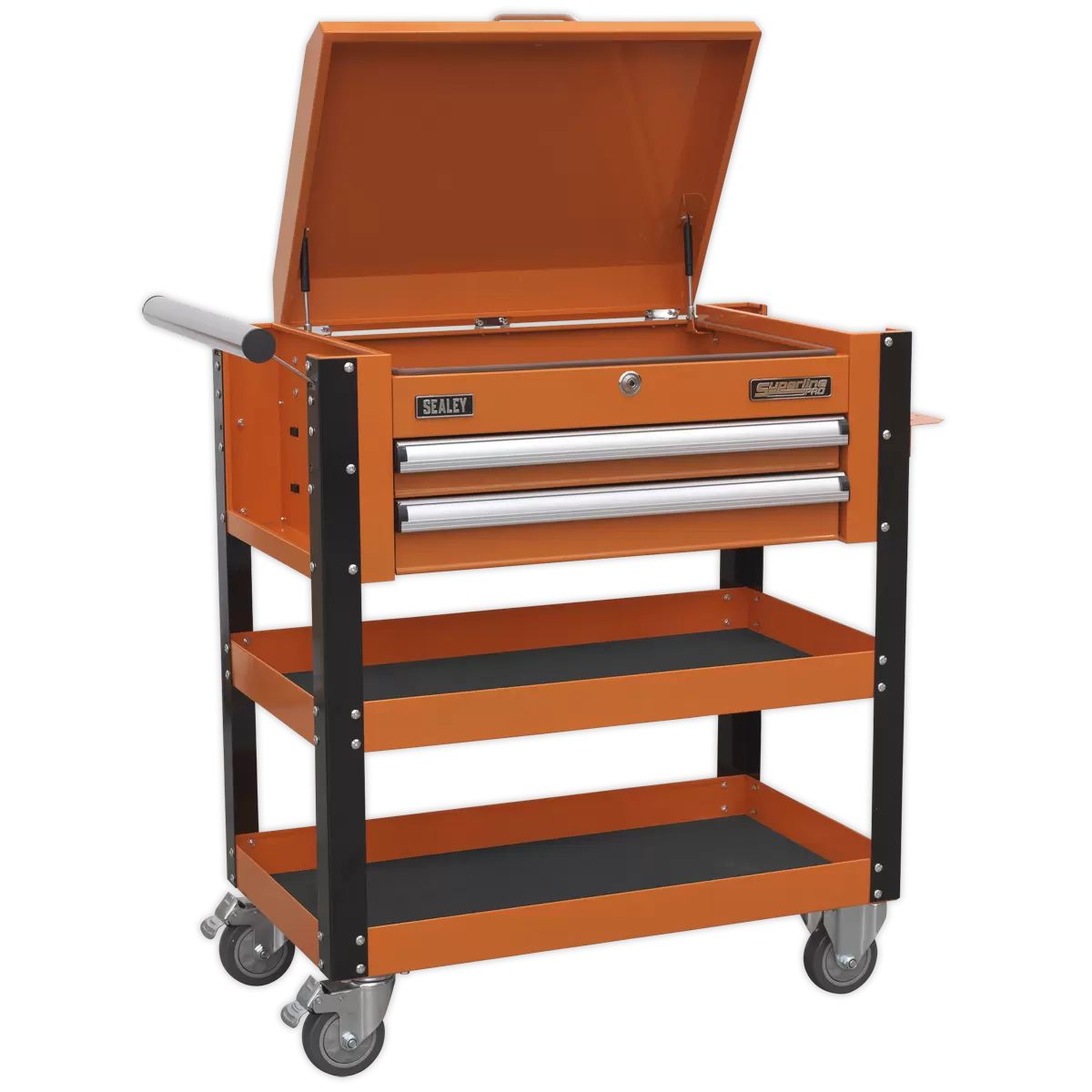 Sealey AP760MO Heavy-Duty Mobile Tool Parts Trolley 2 Drawers Lockable Top Orange