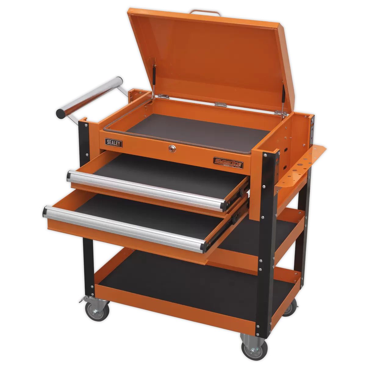 Sealey AP760MO Heavy-Duty Mobile Tool Parts Trolley 2 Drawers Lockable Top Orange