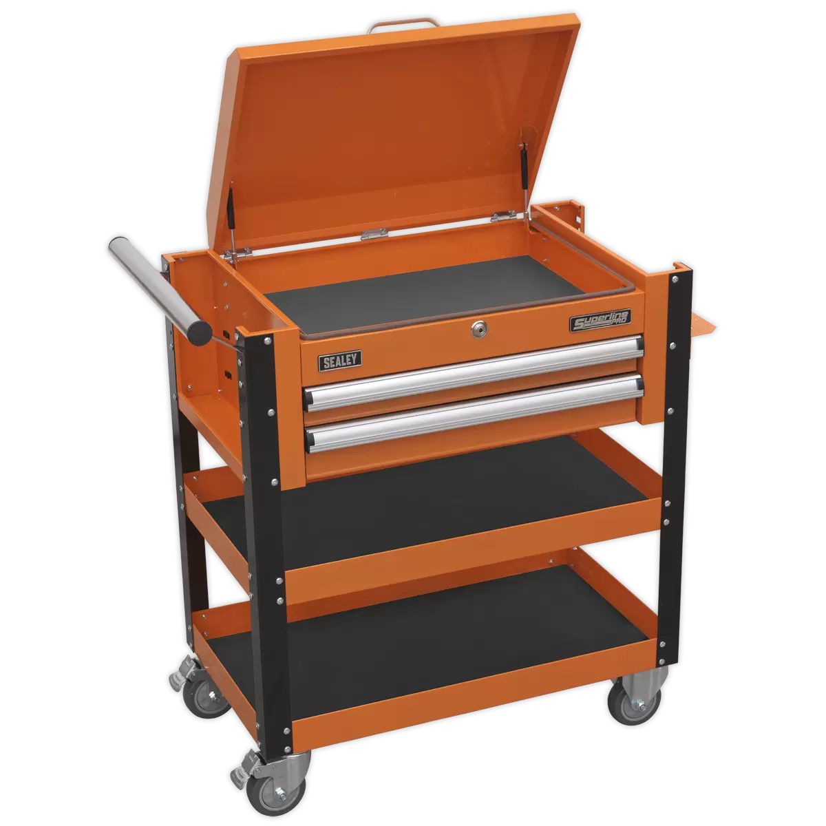 Sealey AP760MO Heavy-Duty Mobile Tool Parts Trolley 2 Drawers Lockable Top Orange