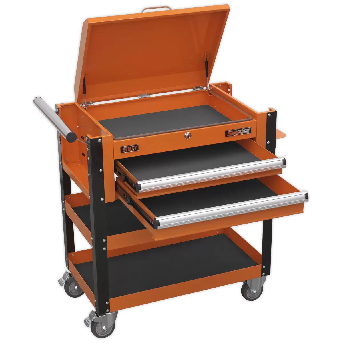 Sealey AP760MO Heavy-Duty Mobile Tool Parts Trolley 2 Drawers Lockable Top Orange