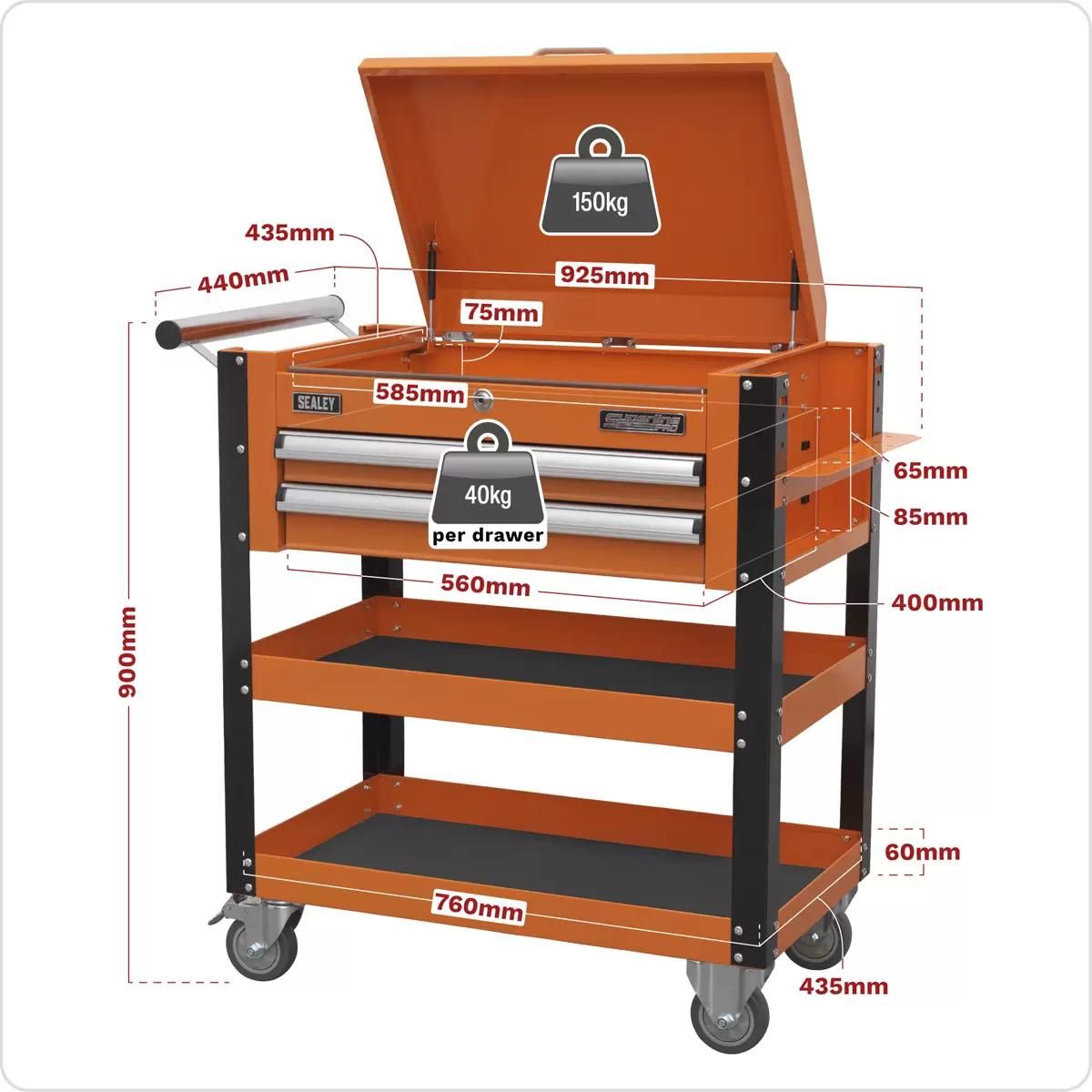 Sealey AP760MO Heavy-Duty Mobile Tool Parts Trolley 2 Drawers Lockable Top Orange