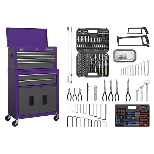 Sealey AP2200COMBOCP Topchest & Rollcab Combination 6 Drawer with Ball-Bearing Slides - Purple/Grey & 170pc Tool Kit