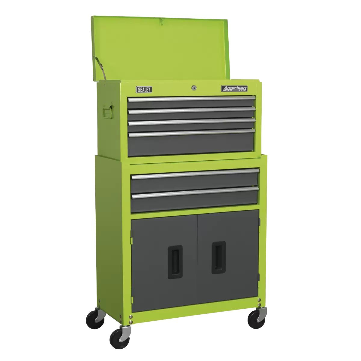 Sealey AP2200COMBOHV 6 Drawer Topchest & Rollcab Combination with Ball-Bearing Slides - Hi-Vis Green/Grey & 170pc Tool Kit