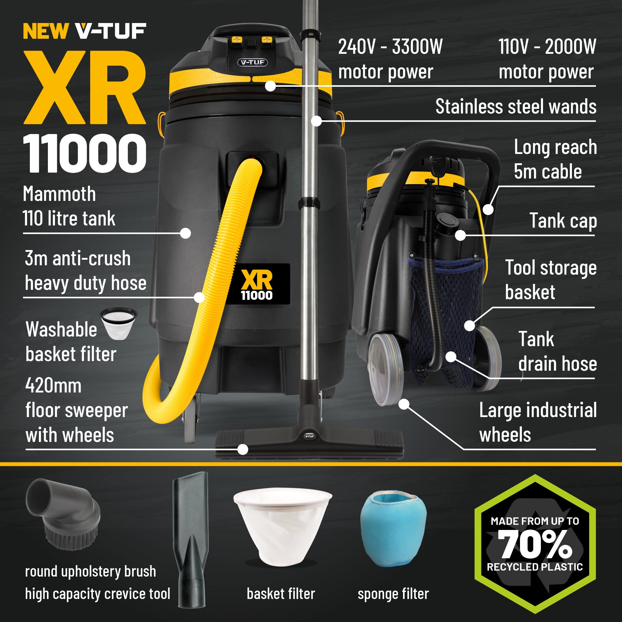 V-TUF XR11000 240 High Performance Wet & Dry Industrial Vacuum Cleaner 3300W